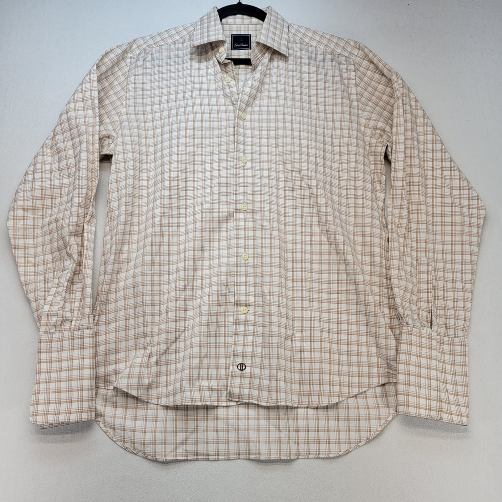 David Donahue Dress Shirt Men 15.5 34/35 Tan Plaid French Cuff Cotton